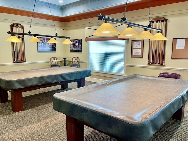 game room featuring billiards, crown molding, and carpet floors