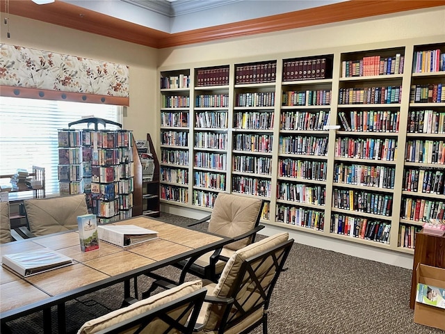 living area with carpet and crown molding