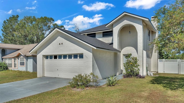 view of front of house featuring a front lawn and a garage