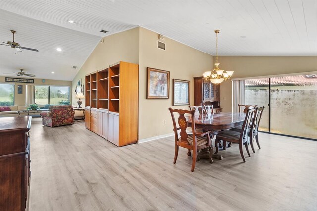 dining room with wood ceiling, a chandelier, vaulted ceiling, and light hardwood / wood-style flooring