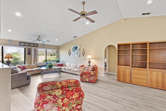 living room with vaulted ceiling, ceiling fan, wooden ceiling, and light wood-type flooring