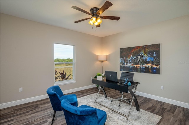 office space with ceiling fan and wood-type flooring