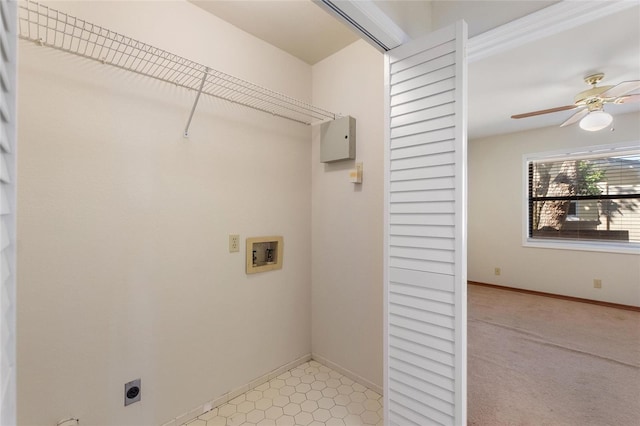 laundry area featuring hookup for a washing machine, ceiling fan, hookup for an electric dryer, and light colored carpet