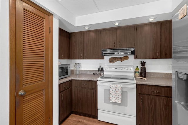 kitchen with light wood-type flooring, dark brown cabinets, and white electric range oven