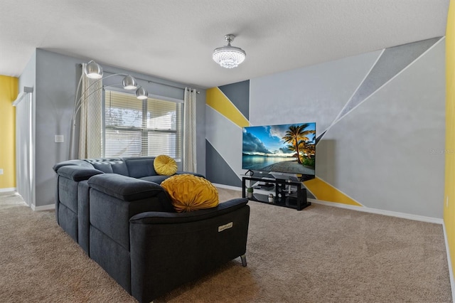 living room with carpet and a textured ceiling