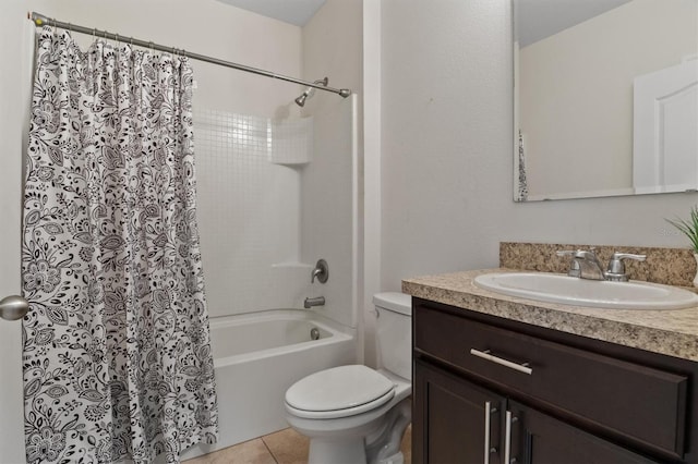 full bathroom featuring toilet, vanity, shower / bathtub combination with curtain, and tile patterned flooring