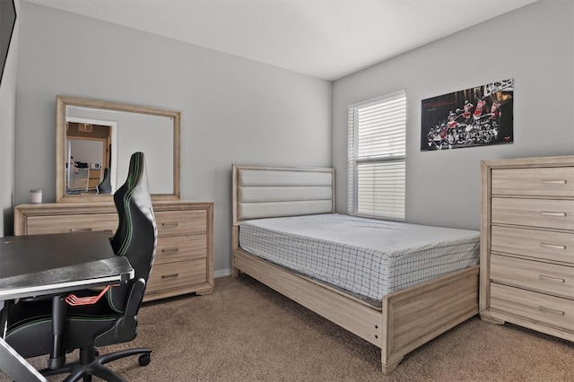 bedroom with dark colored carpet