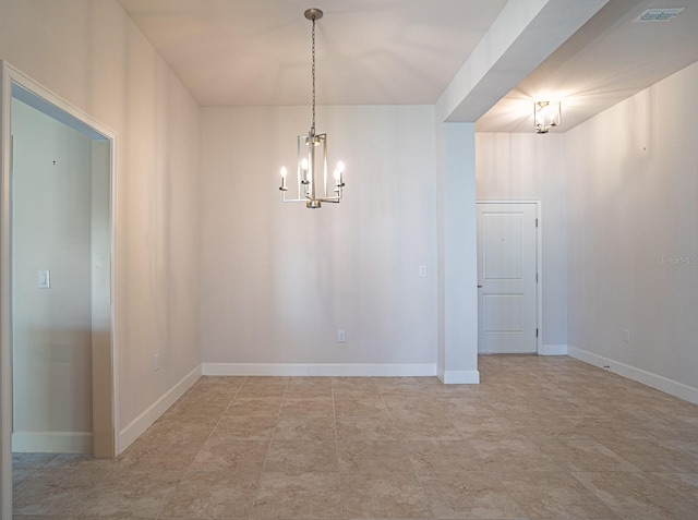 unfurnished dining area with an inviting chandelier