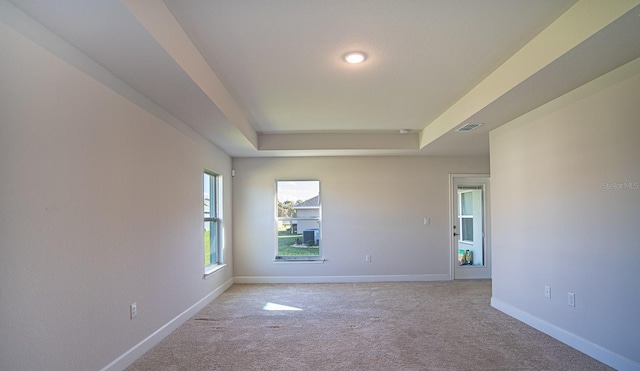 carpeted spare room featuring a raised ceiling