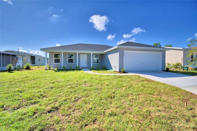 ranch-style home featuring a front lawn and a garage