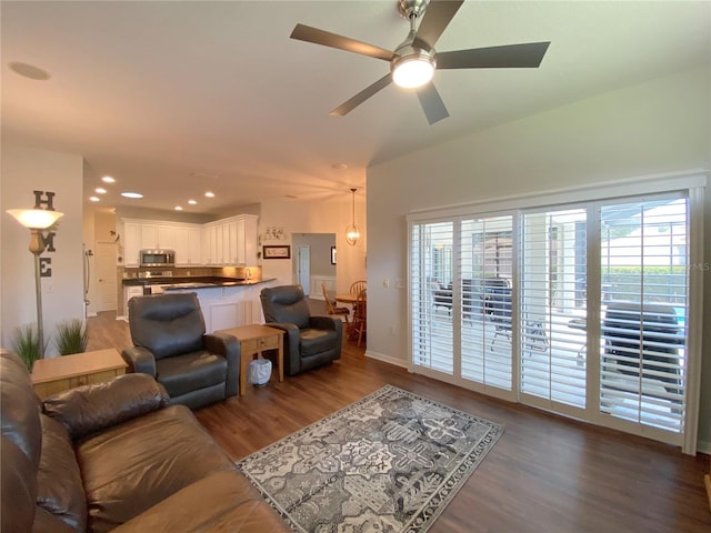 living room with ceiling fan and wood-type flooring