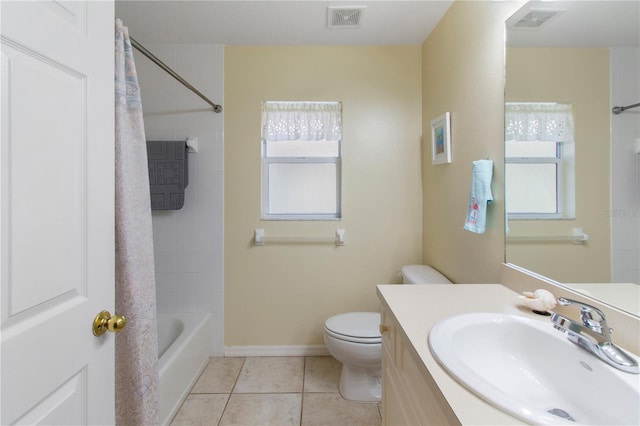 full bathroom with vanity, toilet, tile patterned floors, and shower / tub combo with curtain