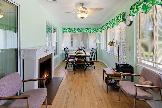 dining area with light hardwood / wood-style floors and ceiling fan