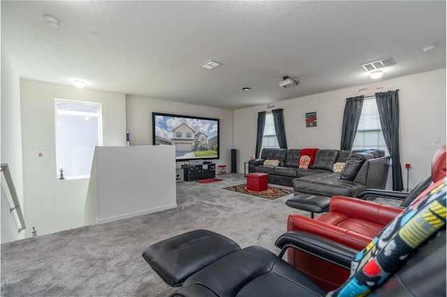 living room featuring carpet, a textured ceiling, and a healthy amount of sunlight