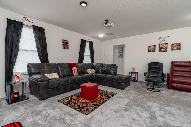 carpeted living room with a textured ceiling