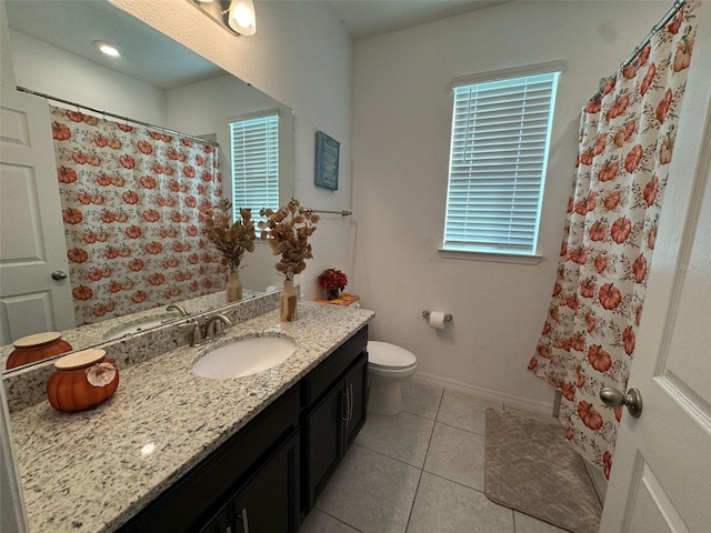 bathroom with vanity, walk in shower, toilet, and tile patterned floors