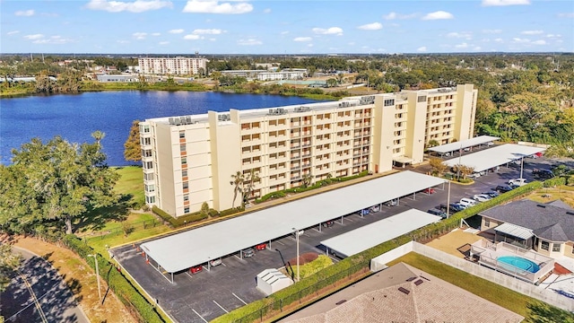 drone / aerial view with a water view