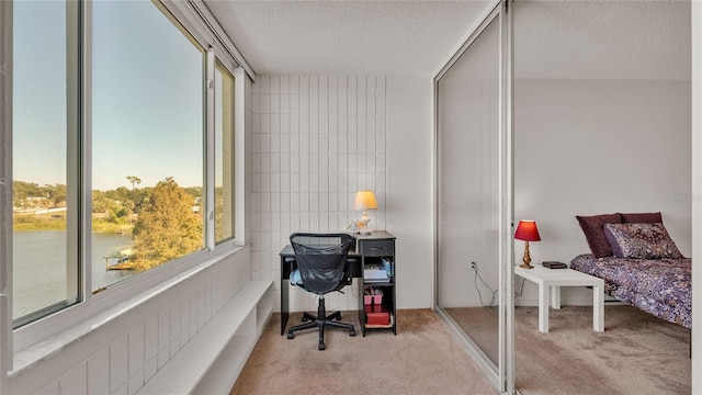 carpeted home office with a textured ceiling