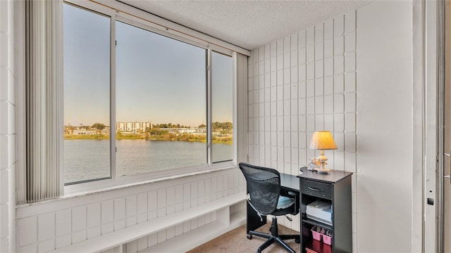 office area featuring a water view and a textured ceiling