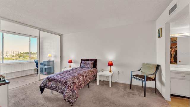 carpeted bedroom featuring ensuite bathroom, a water view, and a textured ceiling