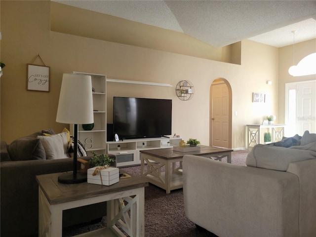 living room featuring lofted ceiling, a textured ceiling, and dark carpet