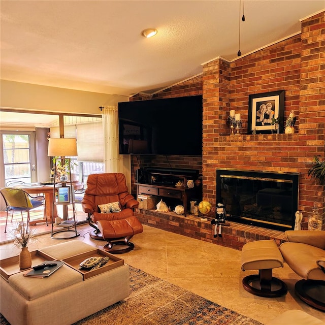 tiled living room with a brick fireplace, a textured ceiling, and lofted ceiling