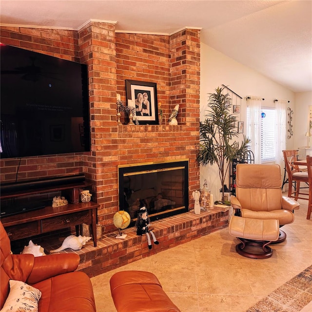 living room featuring lofted ceiling and a fireplace