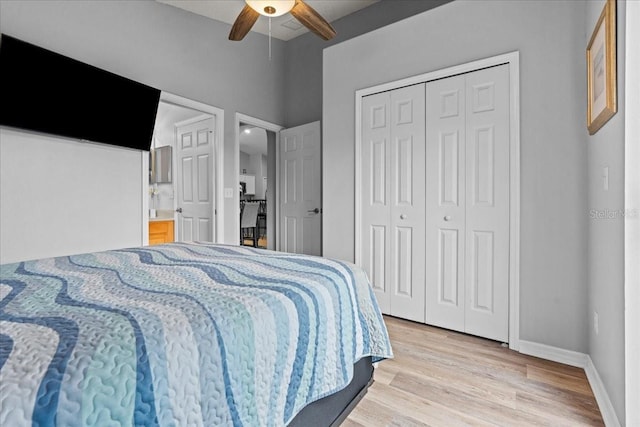 bedroom featuring a closet, ceiling fan, and light hardwood / wood-style flooring