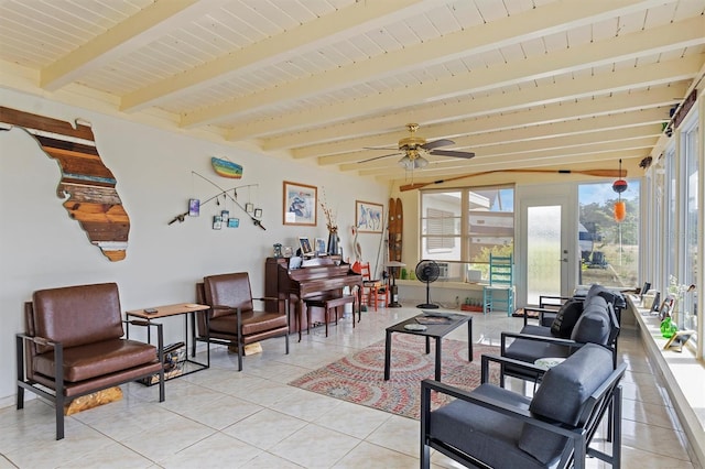 interior space featuring wooden ceiling, ceiling fan, beam ceiling, and light tile patterned floors