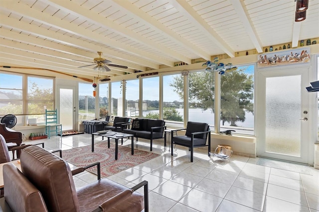 sunroom / solarium featuring ceiling fan, a healthy amount of sunlight, a water view, and beam ceiling