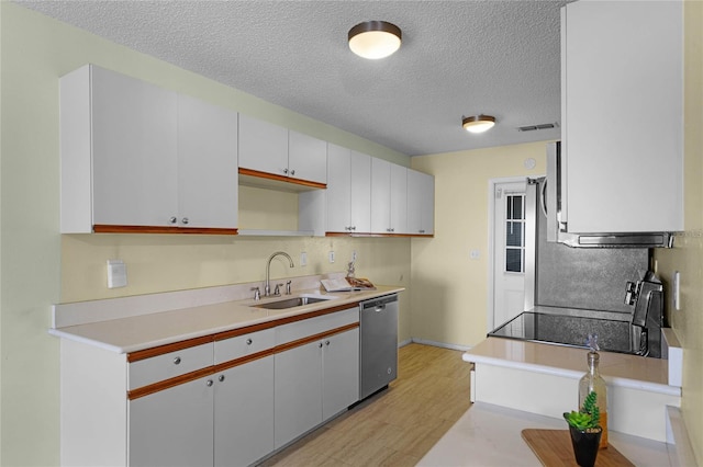 kitchen with white cabinetry, sink, stainless steel dishwasher, and light wood-type flooring