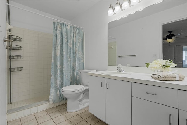 bathroom with walk in shower, vanity, toilet, and tile patterned flooring