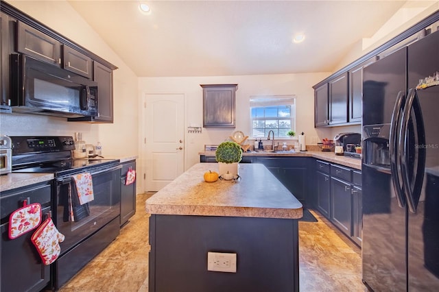 kitchen featuring black appliances, a kitchen island, dark brown cabinets, sink, and lofted ceiling