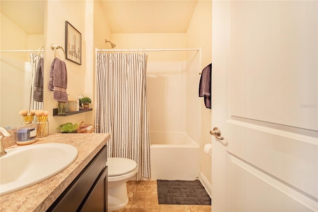 full bathroom with toilet, shower / tub combo, and vanity