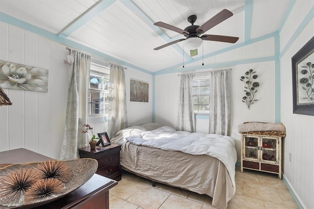 tiled bedroom featuring ceiling fan, wood walls, wooden ceiling, and lofted ceiling