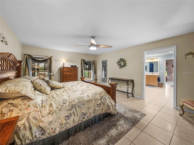 bedroom with light tile patterned floors and ceiling fan