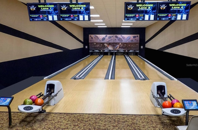 playroom with a bowling alley and a paneled ceiling