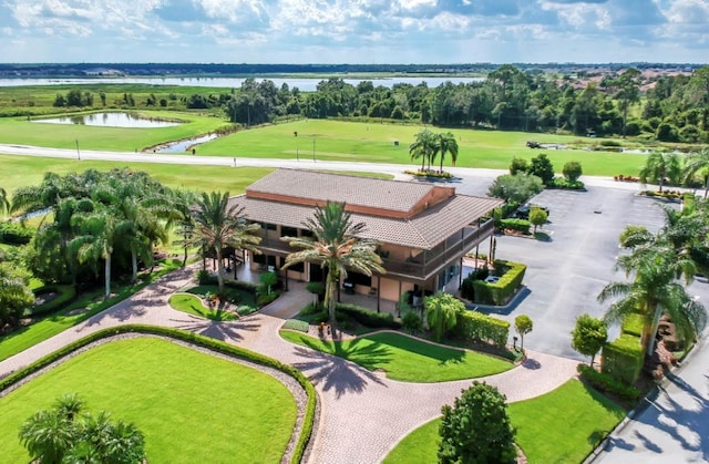 bird's eye view with a water view