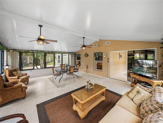 tiled living room with lofted ceiling with beams and ceiling fan