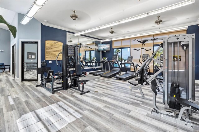 193 Stargrass Dr, Auburndale, FL 33823 - exercise room featuring wood finished floors, crown molding, and ceiling fan