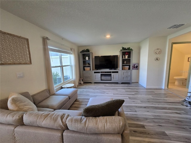 living room with hardwood / wood-style floors and a textured ceiling