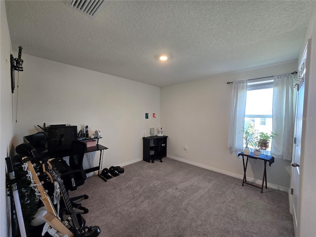 misc room with carpet floors and a textured ceiling