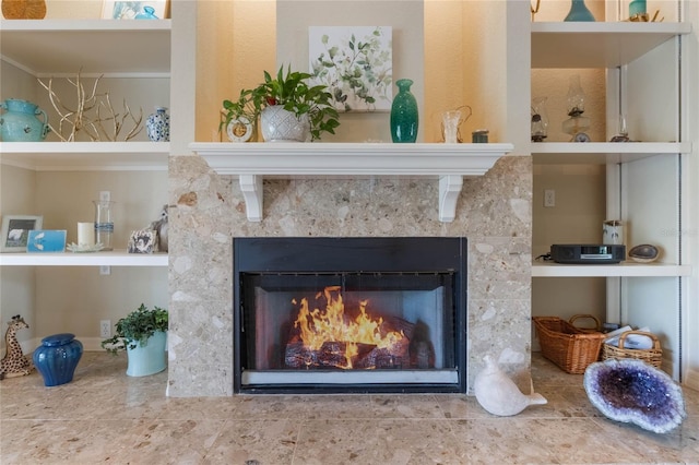 interior details featuring built in shelves and a high end fireplace