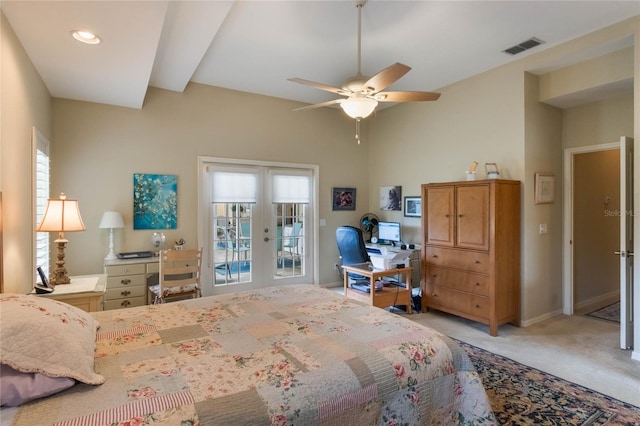 carpeted bedroom featuring access to exterior, french doors, and ceiling fan