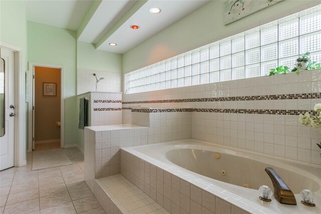 bathroom with tile patterned flooring and plus walk in shower