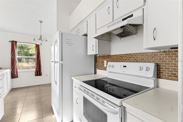 kitchen featuring white cabinetry, backsplash, decorative light fixtures, electric range, and a chandelier