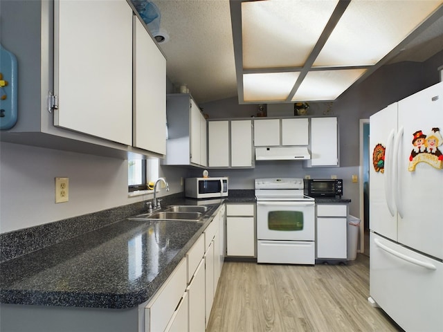 kitchen with white cabinetry, light wood-type flooring, sink, and white appliances