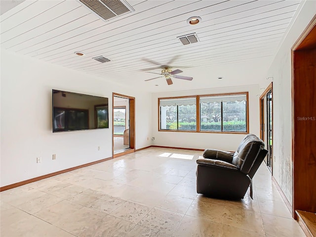 unfurnished living room with ceiling fan and wood ceiling