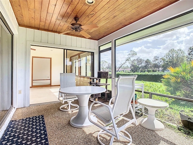 sunroom featuring ceiling fan and wooden ceiling