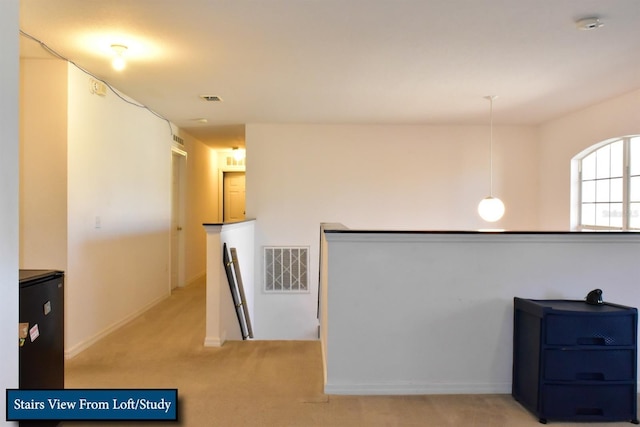 interior space with light carpet, baseboards, and visible vents
